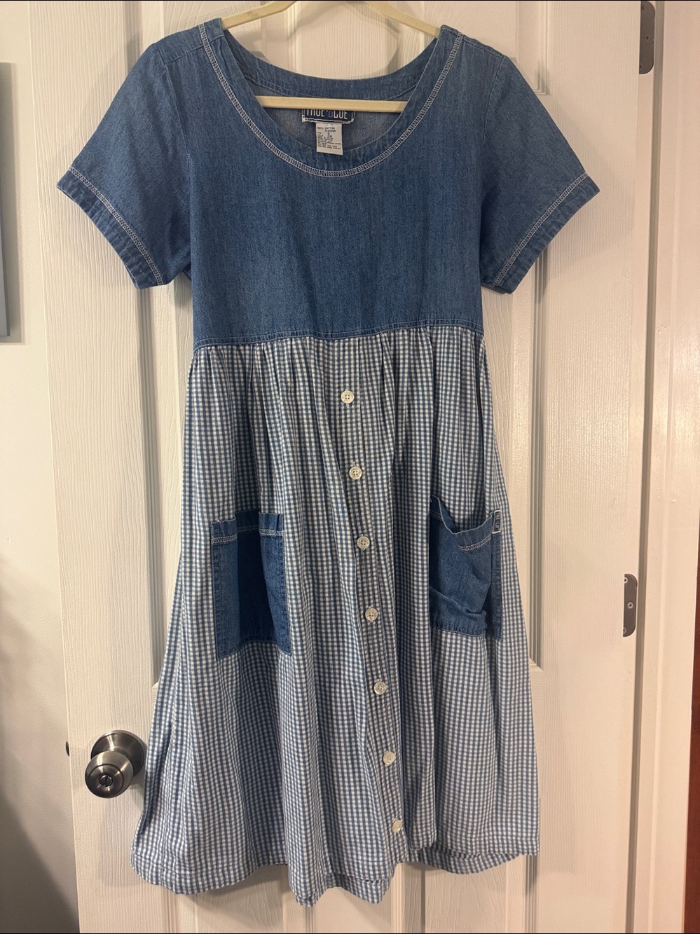 VTG 90’s True Blue Denim & Gingham Midi Dress in Blue